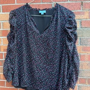 CeCe by Cynthia Steffe Black Floral Ruffle-Sleeve Blouse – Size XL